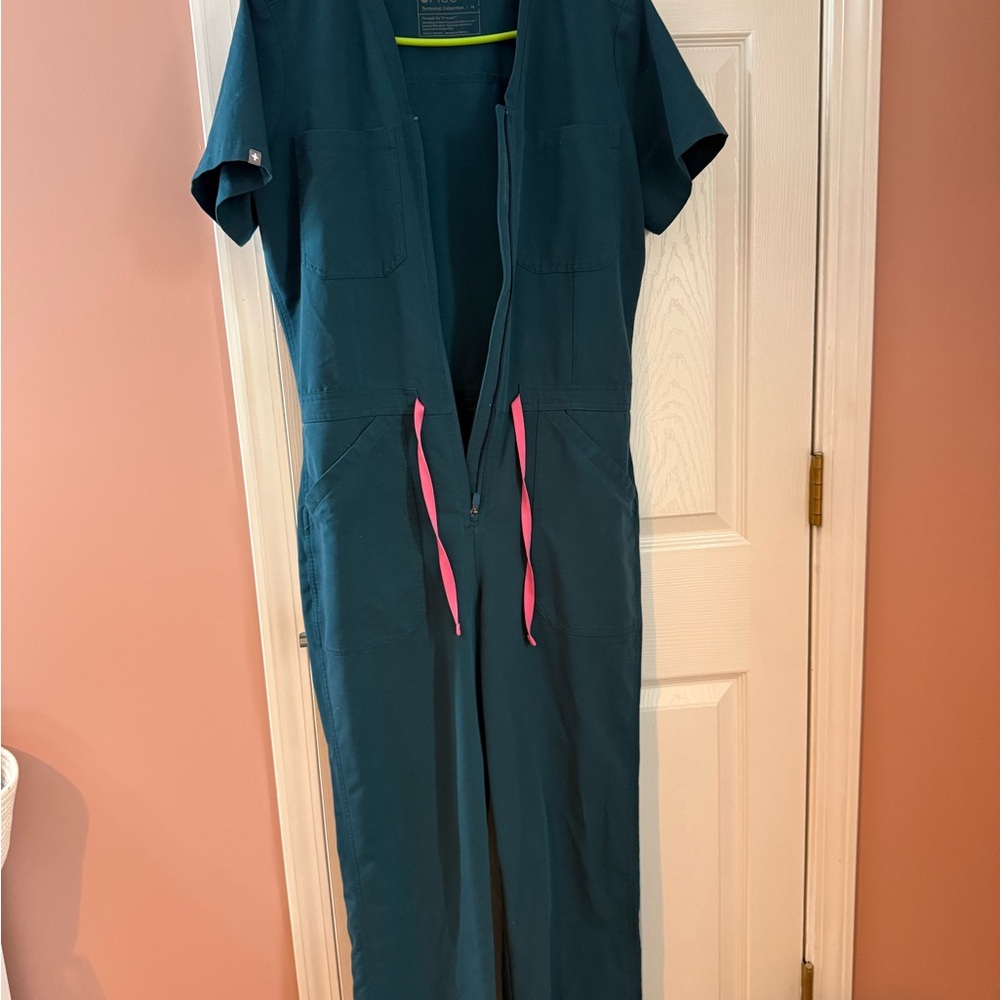Figs Dark Teal Jumpsuit with Pink Drawstrings